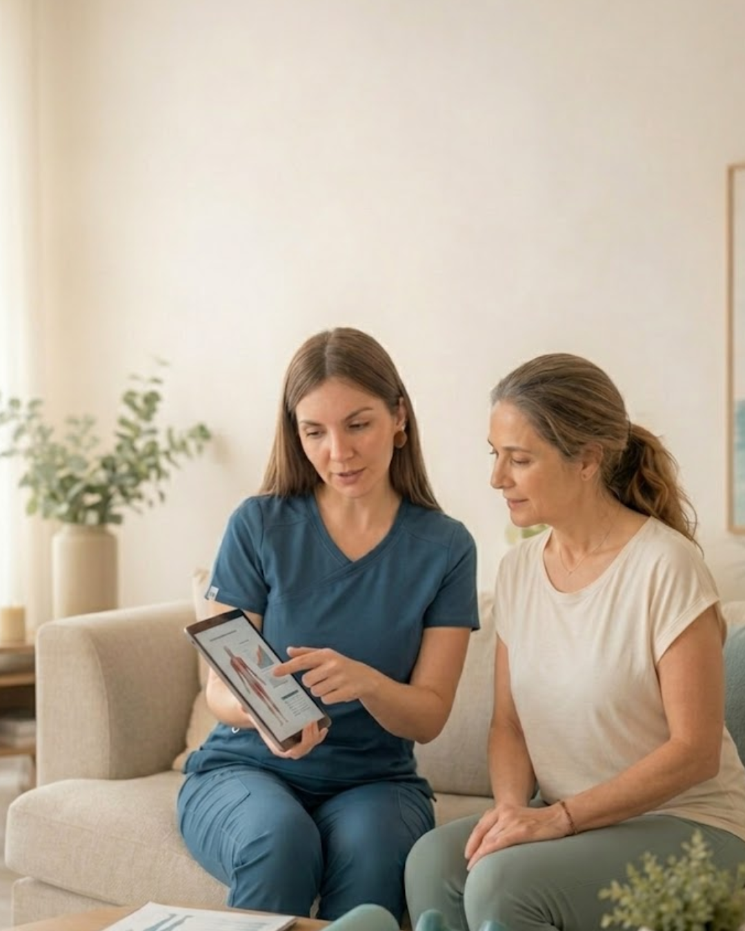 Kinesóloga guiando ejercicio cardiometabólico personalizado en una persona adulta