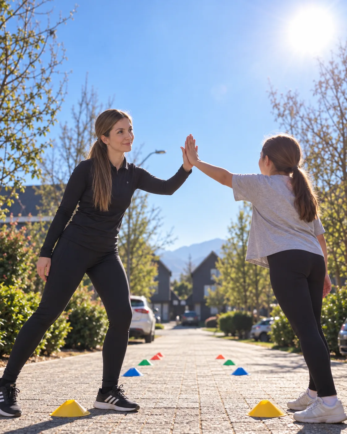 Kinesóloga realizando una actividad física adaptada con una niña